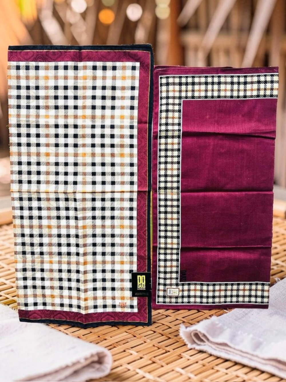 2 New DAKS London Men/Women Handkerchiefs Cotton 19" Burgendy Gray Beige Check